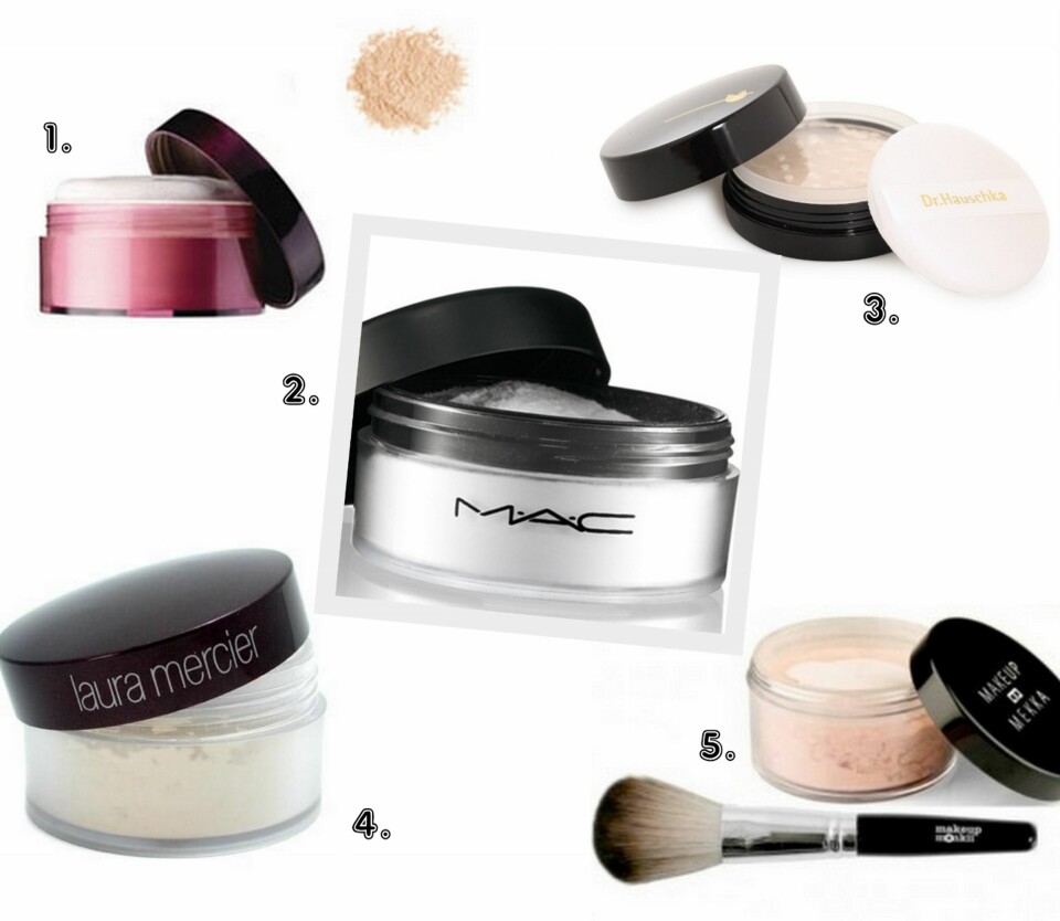 PRODUKTER: 1. Fløyelsmykt Løst Pudder fra Yves Rocher (kr 139), 2. Prep+Prime Transparent Finishing Powder fra MAC (kr 300), 3. Translucent Loose Powder fra Dr. Hauschka (kr 259), 4. Loose setting Powder fra Laura Mercier (kr 360), 5. Loose Translucent Face Powder fra Makeup Mekka (kr 149).