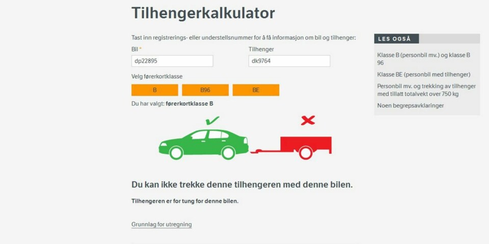 IKKE LOV: Vårt eksempel viser at Renault Clio stasjonsvognen vi testet for noen uker siden ikke har lov til å trekke den tilfeldige hengeren vi skrev inn nummeret til.