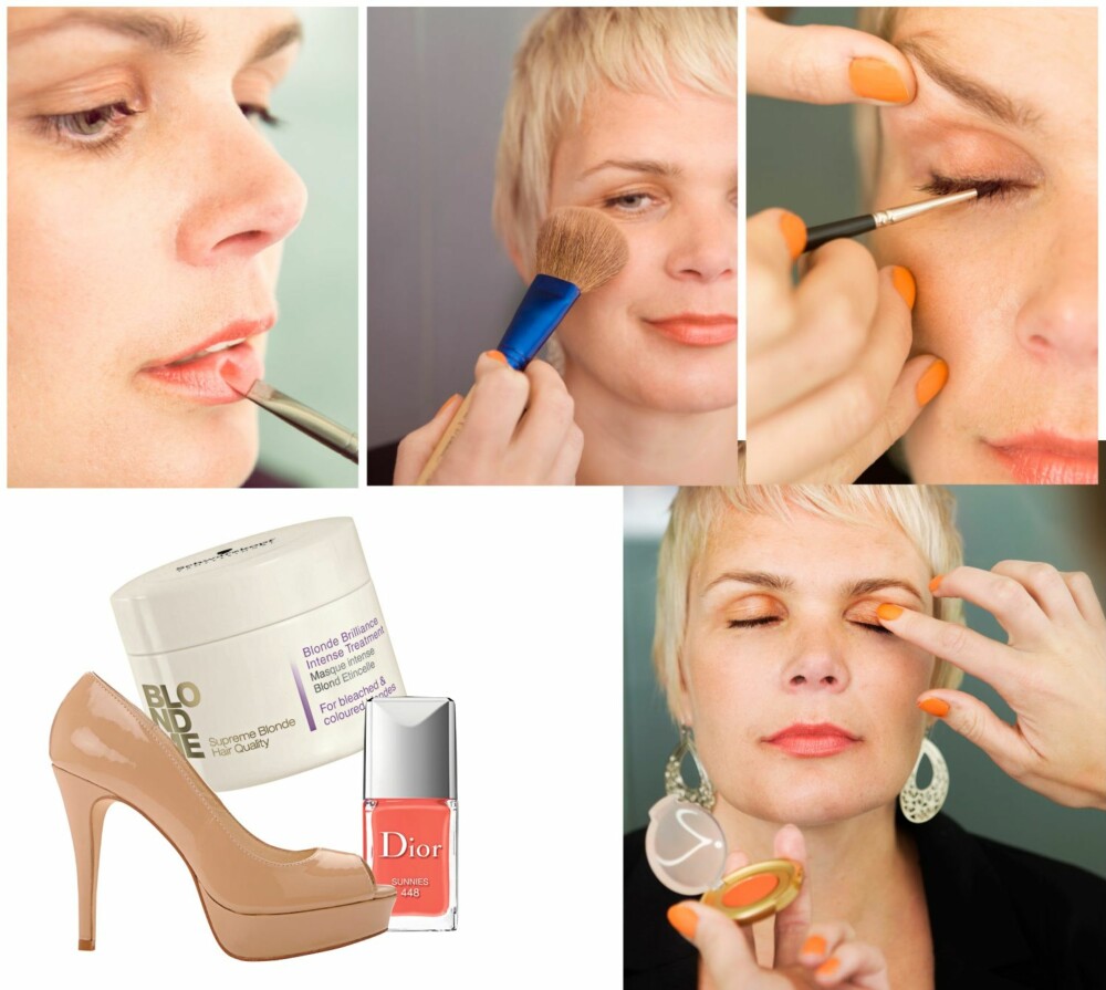 MAKEUP: Fra venstre: Friske, korallrøde lepper. Lett blush i kinnene. Vippekanten markeres. Og helt til slutt: Øyenskygge påføres lett med fingrene. Sko fra Bianco, kr 499. Hårmaske som skal bevare den kalde tonen i det blonde håret, Blond Me Blond Brilliance Intense Treatment fra Schwarzkopf, kr 290. Neglelakken Dior Vernis i fargen Sunnies, nr 448, kr 220.