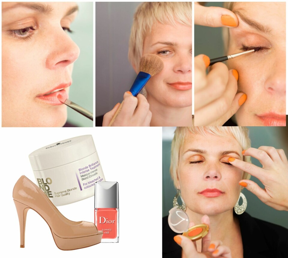 MAKEUP: Fra venstre: Friske, korallrøde lepper. Lett blush i kinnene. Vippekanten markeres. Og helt til slutt: Øyenskygge påføres lett med fingrene. Sko fra Bianco, kr 499. Hårmaske som skal bevare den kalde tonen i det blonde håret, Blond Me Blond Brilliance Intense Treatment fra Schwarzkopf, kr 290. Neglelakken Dior Vernis i fargen Sunnies, nr 448, kr 220.