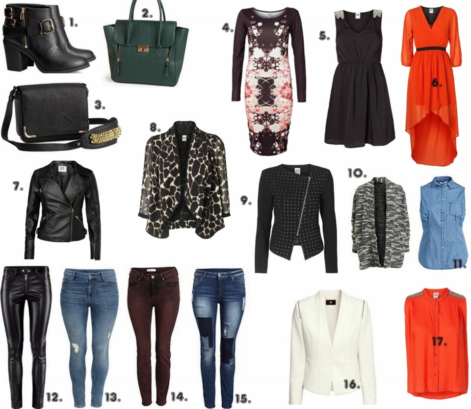 UNDER 500: 1. Ankelboots fra H&M (kr 349), 2. Veske fra Lindex (kr 299), 3. Skulderveske fra H&M (kr 299), 4. Kjole fra Vero Moda (kr 279,95), 5. Kjole fra Vero Moda (kr 299,95), 6. Kjole med dip-back fra Vero Moda (kr 299,95), 7. Skinnjakke fra Vero Moda (kr 459,95), 8. Jakke fra Vero Moda (kr 249,95), 9. Blazer fra Vero Moda (kr 499,95), 10.Cardigan fra Lindex (kr 399), 11. Denimvest fra Lindex Generous (kr 249), 12. Bukse i skinnimitasjon fra H&M (kr 299), 13. Jeans fra HM+ (kr 399), 14. Burgunder Jeans fra Lindex Generous (kr 399), 15. Jeans fra Lindex Generous (kr 399), 16. Kort Blazer fra H&M (kr 349), 17. Bluse fra Vero Moda (kr 279,95).