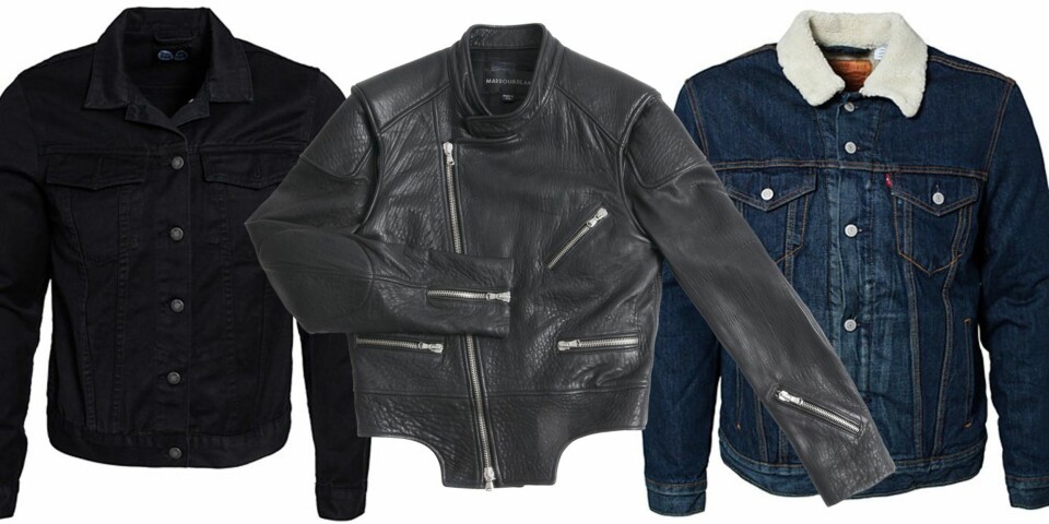 DENIM OG SKINN: For en litt røffere look. Fra venstre: Svart jeansjakke fra Cheap Monday, kr 599. Skinnjakke fra Mardou&Dean, kr 8700. Jeansjakke fra Levi's, kr 1349.