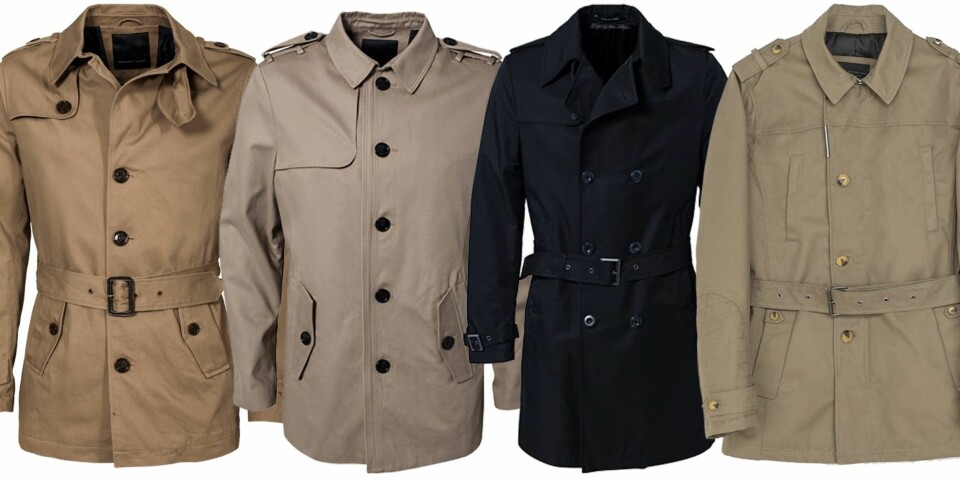 TRENCHCOATEN: For en casual look. Fra venstre: Selected Homme, 1095. Selected Homme, kr 1095. Tiger of Sweden, kr 4495. Zara, kr 1199.