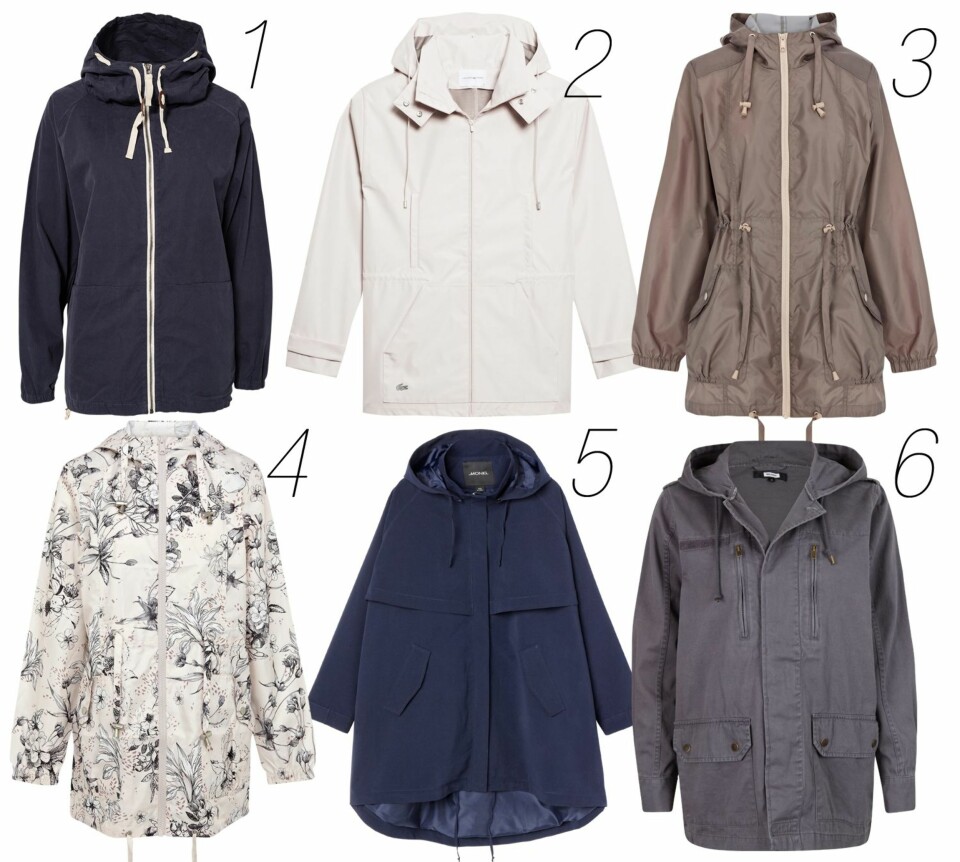 ANORAKKER: 1. Minimum, kr 899. 2. Lacoste, kr 1949. 3. Warehouse, kr 325. 4. Warehouse, kr 325. 5. Monki, kr 500. 6. Bik Bok, kr 499.