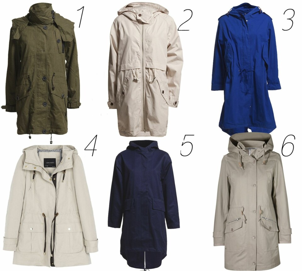 LANGE ANORAKKER: 1. Vila, kr 900. 2. Ichi, kr 490 (salg hos Boozt.com). 3. Whyred, kr 1777 (salg hos Boozt.com), 4. Zara, kr 699. 5. Bzr, kr 1199. 6. St. Tropez, kr 1199 hos Ellos.no.