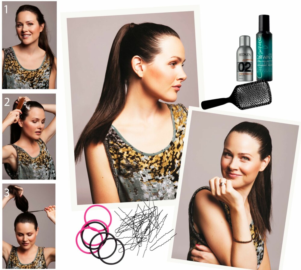 HESTEHALE: Glansspray Shine Flash 02 fra Redken, kr 296,-. Lightweight Mousse fra TIGI, kr 199,-. Hårstrikk fra H&M, kr 20,-. Hårnåler fra H&M, kr 20,-.  Hårbørste fra Shu Uemura, kr 460,-.