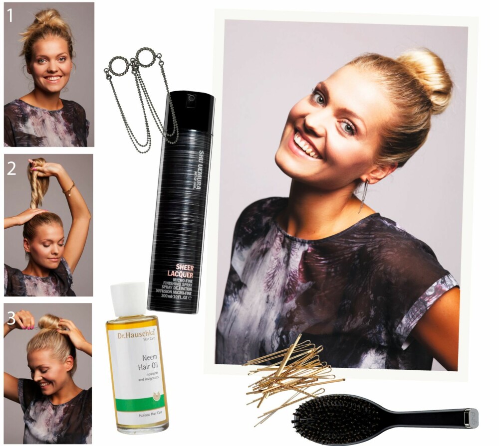 HÅRKNUTEN: Øredobber fra Maria Zabel, kr 600,-. Hårspray Sheer Laquer fra Shu Uemura, kr 375,-. Hårolje Neem Hair Oil fra Dr. Hauschka, kr 215,-. Hårspenner fra H&M, kr 20, HÅRKNUTEN: Øredobber fra Maria Zabel, kr 600,-. Hårspray Sheer Laquer fra Shu Uemura, kr 375,-. Hårolje Neem Hair Oil fra Dr. Hauschka, kr 215,-. Hårspenner fra H&M, kr 20,