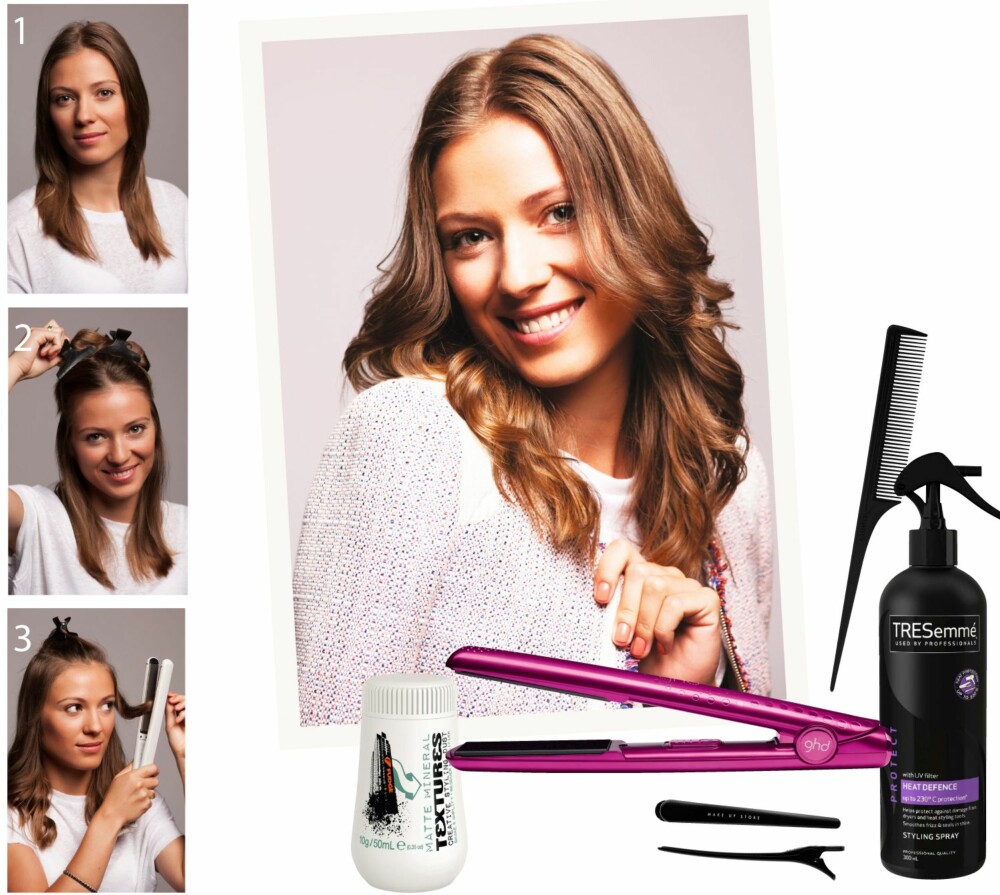 MYKE BØLGER: Creative Styling Dust fra Fudge, kr 349,-. Rettetang fra ghd, kr 1899,-. Hårklyper fra Make Up Store, kr 55,-.Kam fra Lindex, kr 20,-. Heat defenser spray fra TREsemmé, kr 89,-.