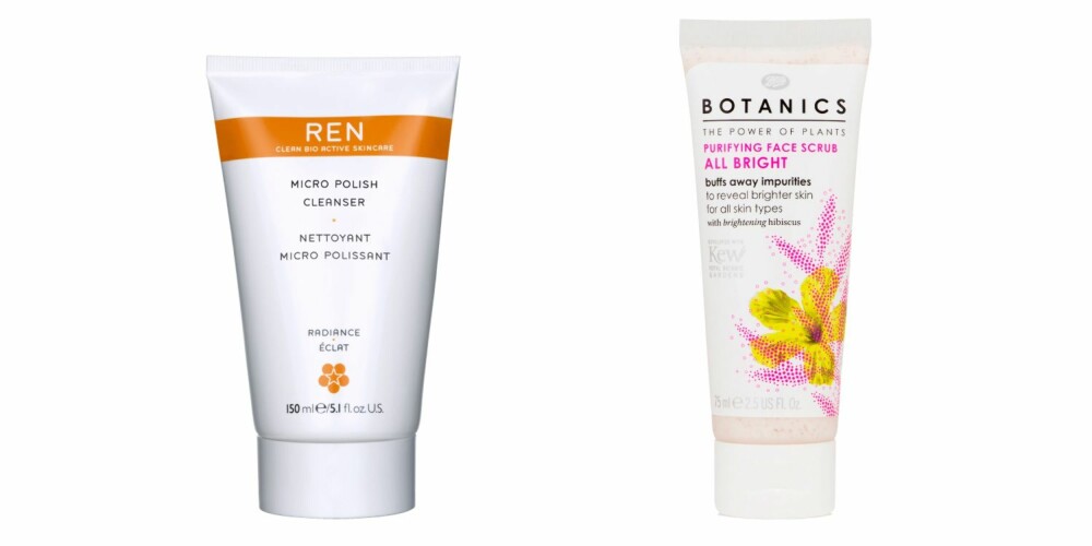 PEELING: Fra venstre: Ren Micropolish Cleanser, kr 295. Botanics All birght Purifying face scrub, kr 69.