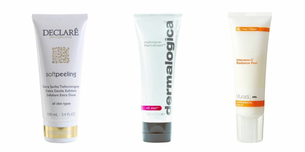 PEEL DEG TIL PERFEKT HUD: Fra venstre: Declaré Soft Peeling Extra Gentle Exfoliant, kr 199. Dermalogica Multivitamin Thermafoliant, kr 720. Murad Intensive-C radiance peel, kr 495. PEEL DEG TIL PERFEKT HUD: Fra venstre: Declaré Soft Peeling Extra Gentle Exfoliant, kr 199. Dermalogica Multivitamin Thermafoliant, kr 720. Murad Intensive-C radiance peel, kr 495.