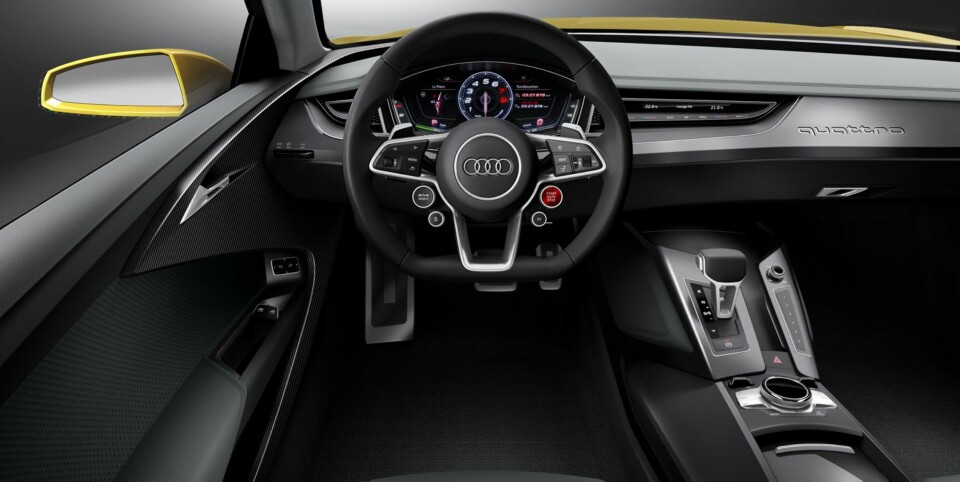 FREMTIDEN: Både instrumentpanelet og det nye multifunksjonsrattet gir ifølge Audi et glimt av fremtidens sportslige produksjonsmodeller. FOTO: Audi