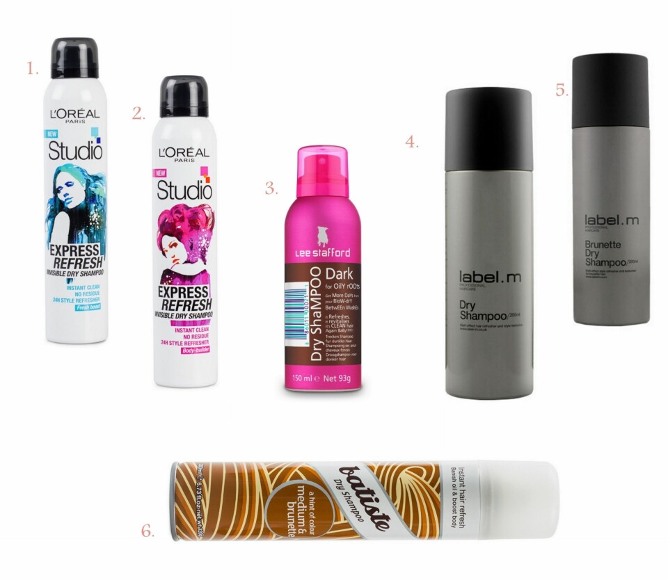 TØRRSJAMPO: 1. Glam Fresh Dry Shampoo fra Studioline (kr 89), 2. Glam Volume Dry Shampoo fra L'Oréal Paris (kr 89), 3. Dry Shampoo Dark fra Lee Stafford (kr 89), 4. Dry Shampoo fra label. m (kr ), 5. Brunette Dry Shampoo fra label. m (kr ), 6.Dry Shampoo Medium fra Batiste (kr 79).