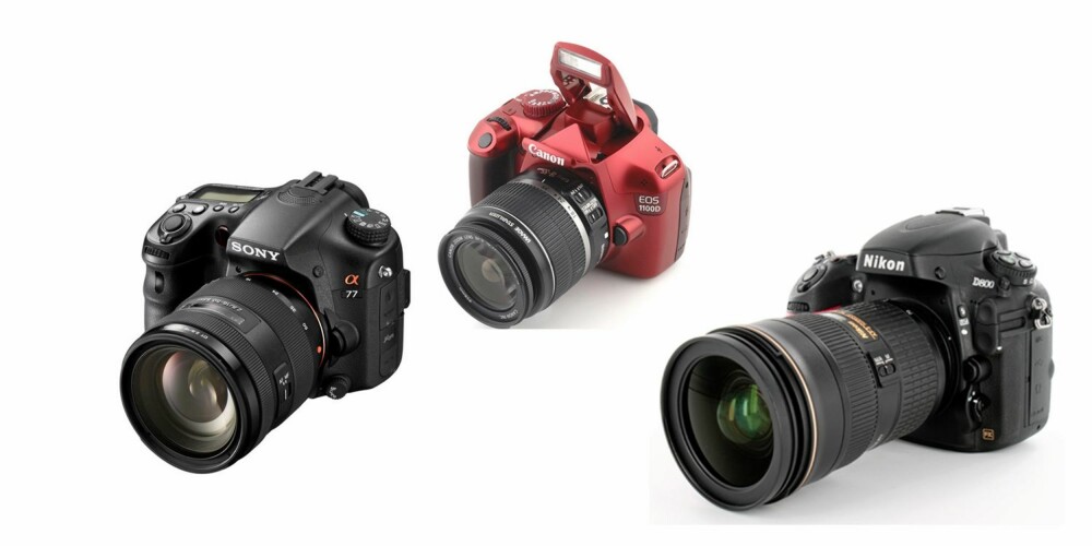 TRE FAVORITT-SPEILREFLEKSER: Tre gode kjøp, ifølge Hjemme-PCs Lars Vidar Nordli: Canon EOS 1100D, Sony Alpha A77 og Nikon D800.
