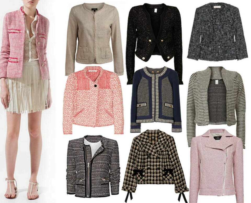 JAKKER: Den rosa jakka på modellen er fra Zara, heter Bouclé blazer og koster kr 399. Øverst fra venstre i lys beige, fra Lindex til kr 399. Svart fra Vila, kr 250. Michael Kors sin er øverst til høyre, kr 2250. I midten fra venstre: Etoile Isabel Marant, kr 2200. Tory Burch, kr 3730. Vila, kr 500. Nederst fra venstre: Fra Mango, kr 499. I midten med sløyfer fra Anna Sui, kr 1600 hos Theoutnet.com. Nederst til høyre ser du en rosa biker-jakke i bouclé fra Mango, kr 599.