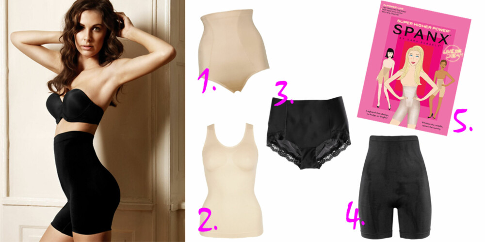 UNDER FESTKJOLEN: 1. Kontrollshape truse, kr 429, fra Change. 2. Shape It tank-top, kr 369, fra Change. 3. Shaping truse med hold-in effekt, kr 99, fra H&M. 4. Shaping shorts med støtte for mage, rumpe og lår, kr 129, fra H&M. 5. Super High shorts, kr 231, fra Spanx.com.