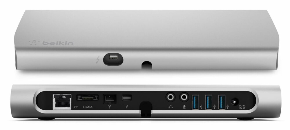 SMART MED DOCK: Belkin Thunderbolt Express Dock har USB 3.0, eSATA, FireWire 800, lyd, mikrofon og gigabit ethernet. I tillegg har den en Thunderbolt-port som enten kan brukes som Mini-DisplayPort, eller til seriekobling av flere Thunderbolt-enheter. SMART MED DOCK: Belkin Thunderbolt Express Dock har USB 3.0, eSATA, FireWire 800, lyd, mikrofon og gigabit ethernet. I tillegg har den en Thunderbolt-port som enten kan brukes som Mini-DisplayPort, eller til seriekobling av flere Thunderbolt-enheter.