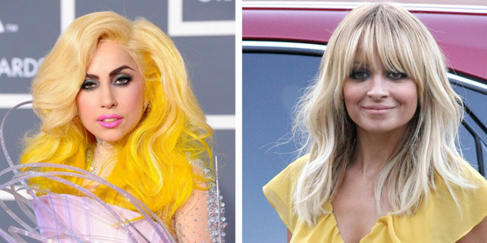 IKKE HELT DET SAMME: Lady Gaga har den mer ekstreme varianten av gult hår, mens Nicole Richie passer på at lokkene er lyseblonde, uten verken gul- eller grønnskjær.