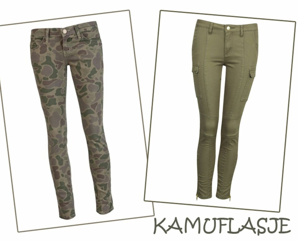 KAMO: Kamuflasjejeans fra Current/Elliott, kr 1780 hos Youshehe.com 2) Militærgrønn fra Bikbok, kr 399.