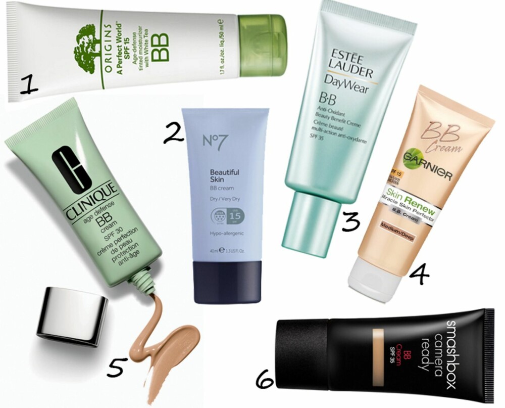 POPULÆRE BB CREAMS: 1) A Perfect World BB cream fra Origins kaller seg selv en beauty balm som skal gi 8 timer med perfeksjon til huden. Kommer i seks farger. Fås blant annet på Steen & Strøm, samt på nettbutikker fra ca 200 kr.
2)Beautiful Skin BB cream fra Nº7 finnes for tre forskjellige hudtyper kr 139 per stk. Fås på apotek.
3) Estée Lauder sin Day Wear BB  kr 330 har noe mørkere fargeutvalg og er kjent for å sitte hele dagen. 
4) To B or not to B? Uansett er BB Cream på alles lepper, og Garniers versjon kr 89,- satt rekord fart på makeup trenden! 
5) Clinique age defense BB creamallergi testet og 100% parfyme fri og skal dekke linjer og porer i tillegg til å beskytte mot aldring og sol kr 275.
6) Smashbox Camera ready BB cream har solfaktor 35og kommer i fem nyanser. Fås blant annet på Visage i Oslo, og i nettbutikker.