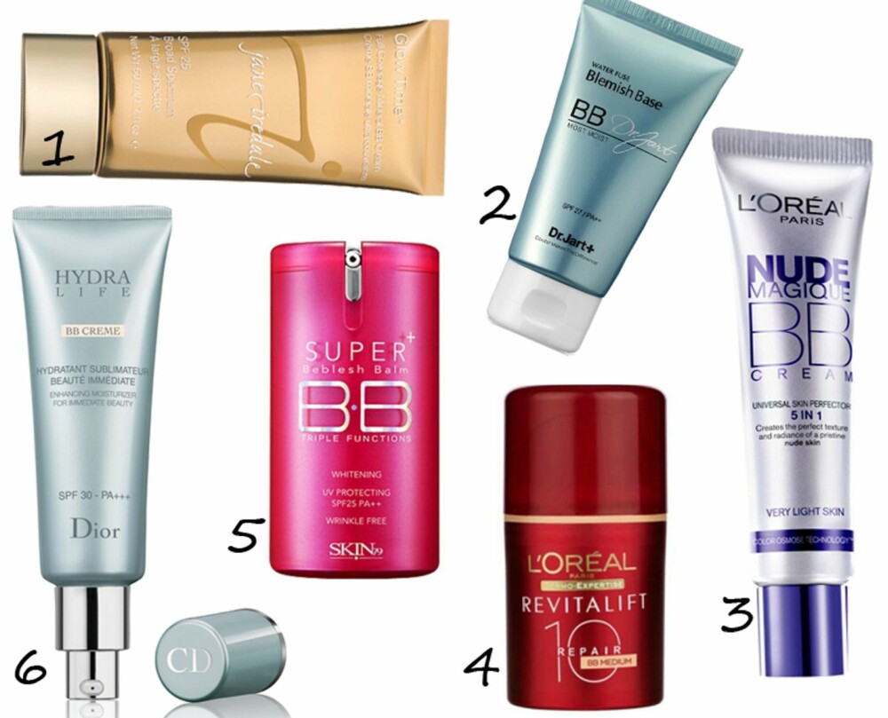 FLERE POPULÆRE BB CREAMS: 1) Glow Time Full Coverage Mineral BB Cream, kr 690 kommer fra hudpleiesalongmerket Jane Iredale i høst, og er det nyeste innen BB cream-fenomenet.
2) Dr. Jart BB Blemish Base er vannbasert og fin for fet hud. Fås på amazon.com for 22 $ (ca 130 kr).
3) L'Oréal Paris kommer med nyheten Nude Magique BB Cream i disse dager. Kommer i to nyanser. Kr 179.
4) L'Oréal Paris har også en BB cream for mer voksen hud under Revitalift-serien sin, kalt Revitalift Repair 10 BB Cream. Kr 189.
5) SKIN79 er et av de mestselgende merkene i USA innen BB cream. Fås på amazon.com for knappe 14 $ (ca 82 kr).
6) Diors Hydra Life BB Crème, kr 490, inneholder malvasyre som aktivt hindrer de første tegn til aldring samt en høy spf 30.