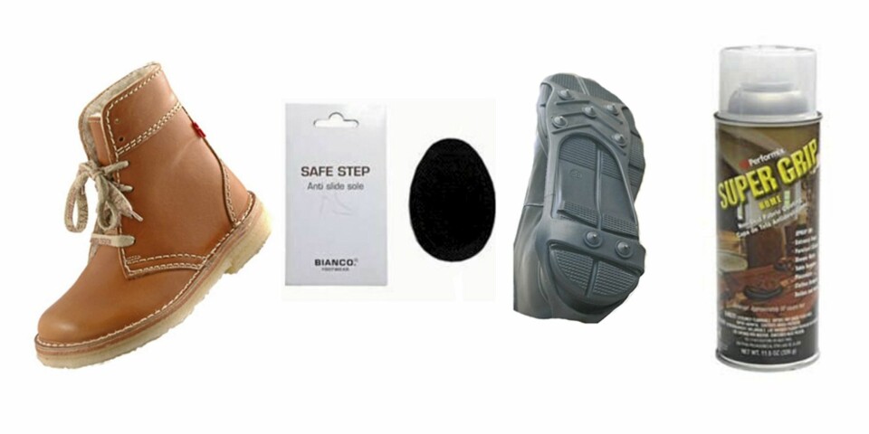 HJELPER PÅ GLATT IS: «Duckfeet» (kr 1.200), Safe Step klistersåle (kr 60), Brodder fra XXL (kr 159), Super klister spray (kr 112)
