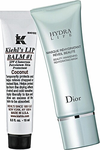LEPPER OG HUD: Facial Fuel No-Shine Lip Balm fra Kiehl's, kr 100,- 
Hydra Life Beauty Awakening Rehydrating Mask fra Dior, kr 390,-