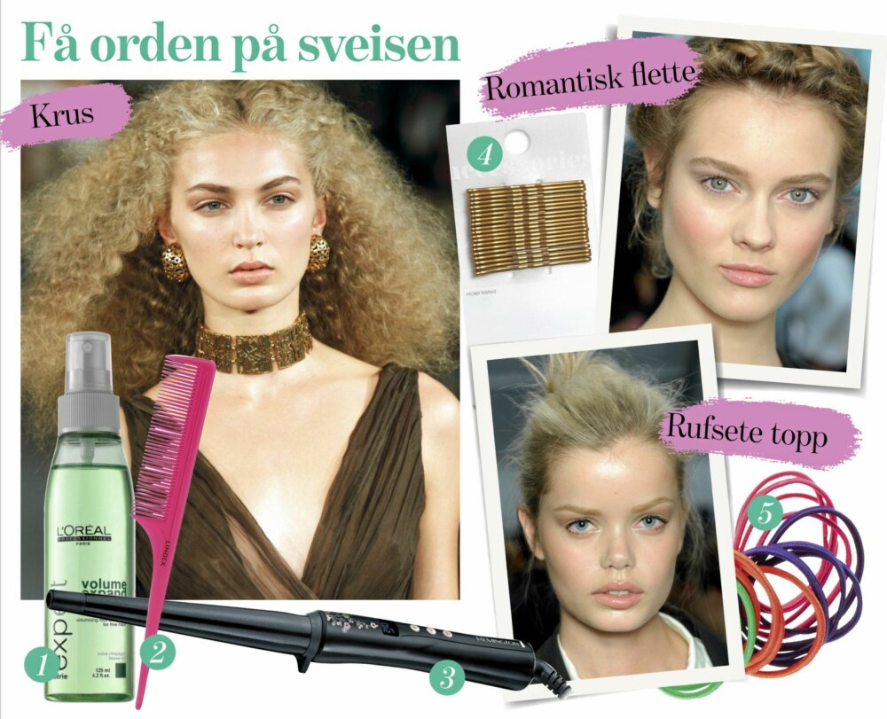 FÅ ORDEN PÅ SVEISEN: 1. Volum­spray, L'Oréal Proffesional, kr 139,- 2. Tuperingskam fra Lindex, kr 19,- 3.Pearl Curler krølltang fra Remington, kr 449,- 4. Spenner fra Lindex, kr 19,50,- 5.Strikk fra H&M, kr 19,-