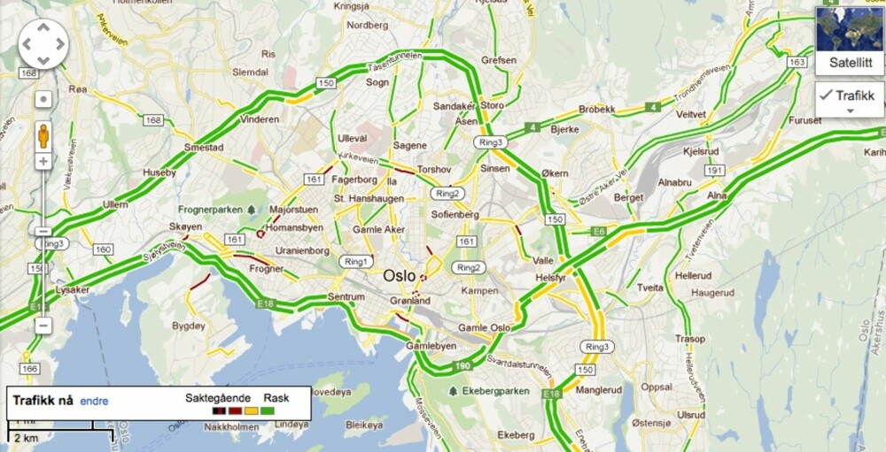 FORMIDDAGEN: I halv to-tiden på en onsdag er ikke trafikken i Oslo noe å bli skremt av. Her er det meste grønt.