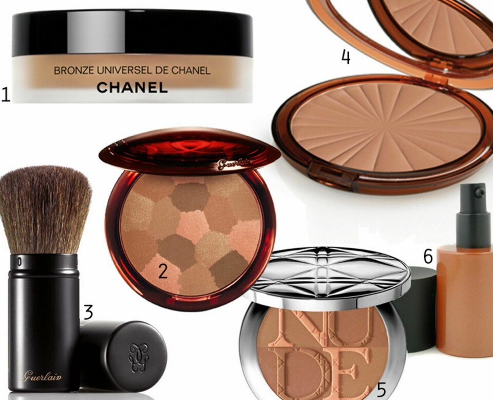 SOLPUDDER OG SOL PÅ BOKS: Liker du ikke pudderkonsistensen, kan du prøve deg på den kompakte kremen fra Chanel (nr 1) eller i lotion-form fra Armani (nr 6).