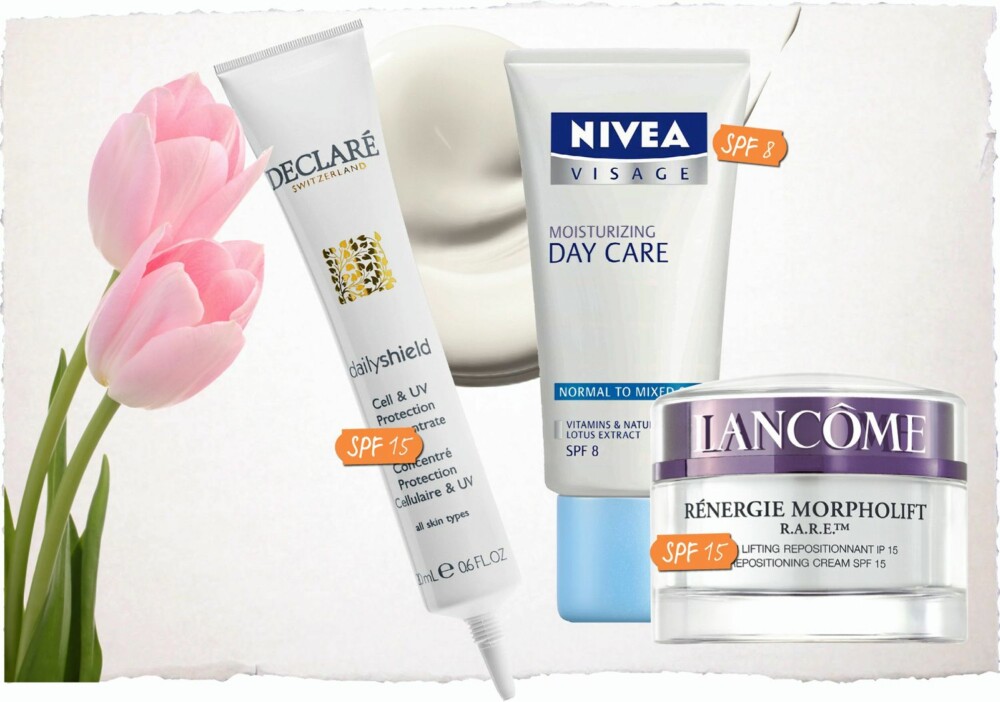 Krem som beskytter mot sola, fra Declaré, kr 245,-
Fuktighetskrem fra Nivea, kr 75,-
Anti age dagkrem fra Lancôme, kr 870,- Krem som beskytter mot sola, fra Declaré, kr 245,-
Fuktighetskrem fra Nivea, kr 75,-
Anti age dagkrem fra Lancôme, kr 870,-