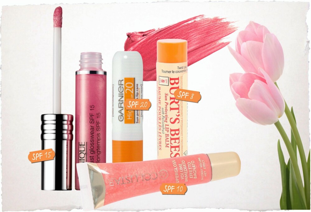 Lipgloss fra Clinique, kr 180,- Leppepomade fra Garnier, kr 47,- Leppepomade fra Burt's Bees, kr 49,- Skimrende lipgloss med anti age-egenskaper fra Collistar, kr 385,-