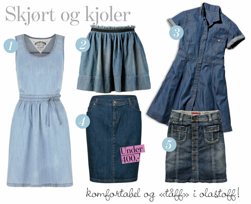 JEANSKJOLER: I tykt og tilgivende denimstoff, olakjole og olaskjørt går rett inn som favoritter i hverdagsgarderoben.