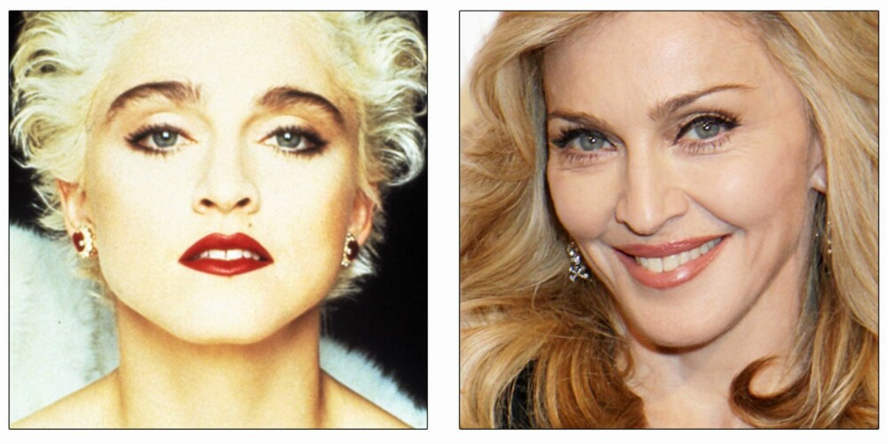 EFFEKTEN AV ØYENBRYN: Bryn gjør stor forskjell for utseendet ditt. Her eksemplifisert med Madonna avbildet i 1987 hvor store og buskete bryn var trendy, og i 2012 (t.h.) med langt smalere variant.