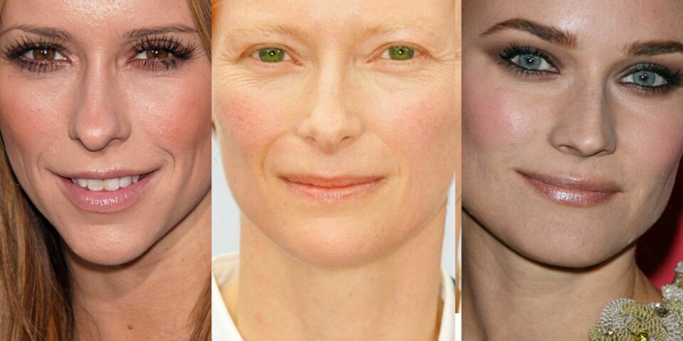 BRYN ELLER IKKE BRYN: Det å ikke ha tydelige bryn, gjør også mye med ansiktet. Det ser vi godt her, hvor Tilda Swinton har helt lyse bryn. Jennifer Lowe Hewitt går for smale mørke bryn, og Diane Krüger har kraftige mørke bryn.