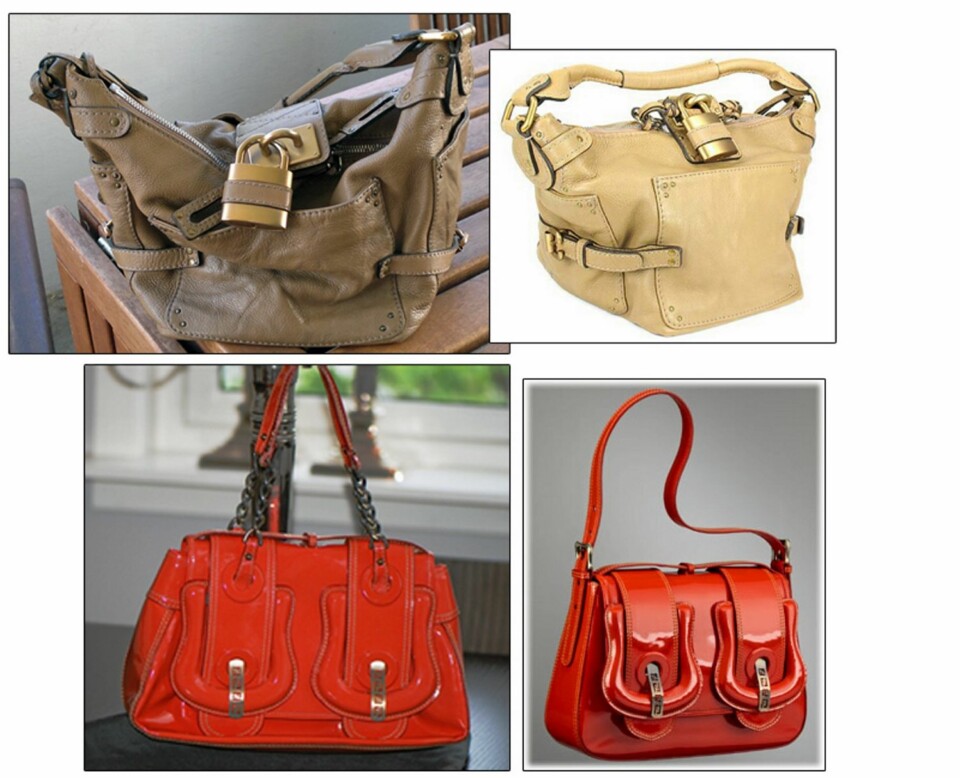 DESIGNERVESKER: Øverst ser du Chloé Paddington i den store Square-varianten. Bildet til venstre er fra annonsen på Bazar, mens bildet til høyre er et profesjonelt produktbilde (her avviker fargen fra salgsobjektet). Neders ser vi Fendi sin B-bag i herlig tomatrød lakk. Til venstre ser vi vesken som skal selges, til høyre er et profesjonelt tatt produktbilde.