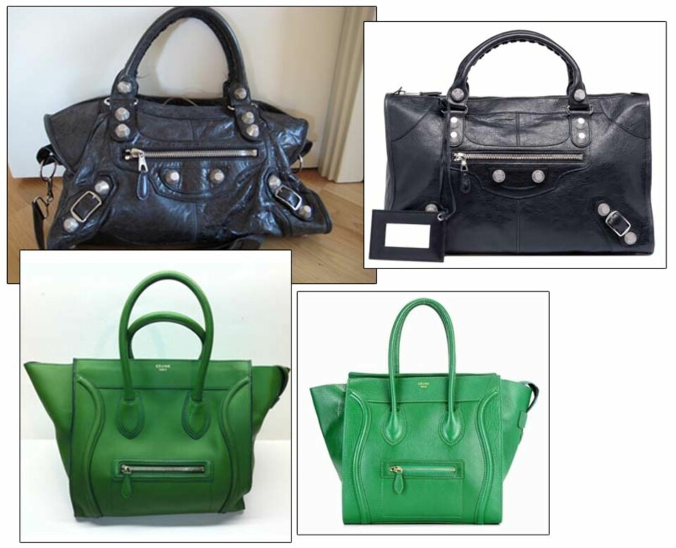 VESKEFAVORITTER: Øverst er den kjente City-vesken fra Balenciaga. Den kan du få på Bazar for 6000 kr. Nyprisen er omtrent 9000 her i Norge. Bildet til venstre er fra annonsen, mens det til høyre er fra produsentent nettsider. Nederst ser du den akk så mye omtalte Céline-vesken. Romslig og robust og absolutt iøynefallende med sin gressgrønne farge. Denne finner du på Ebay. Bildet til venstre er fra annonsen, som selger har tatt selv. Det til høyre er det profesjonell produktbildet.