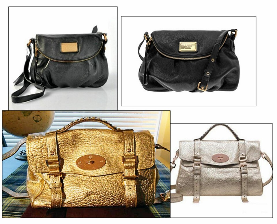 MARC BY MARC OG ALEXA: Øverst ser du den svarte Marc by Marc Jacobs-vesken som du kan få for kr 1800 på Bazar. Nederst ser du Mulberrys Alexa-veske i gull! Til venstre er bildet som selger selv har lagt ut, til høyre ser du det profesjonelle produktbildet av veska. Selges på Finn for kr 4500.