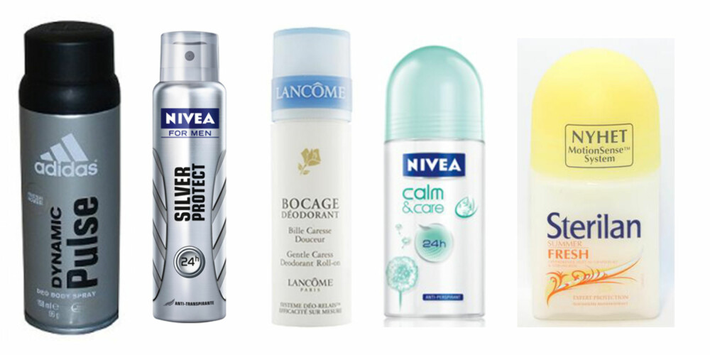 VERSTINGLISTA: Her er noen av deodorantene som kom på Grønn Hverdags verstingliste. Adidas Dynamic Pulse, kr 79 (Cubus), Nivea Silver Protect, kr 59,90 (Cubus) , Lancome Bocage deodorant, kr 179 (blivakker.no), Nivea Calm and Care deodorant, kr 39,90 (Vita) og Sterilan Summer Fresh deodorant, kr 39 (Rimi).