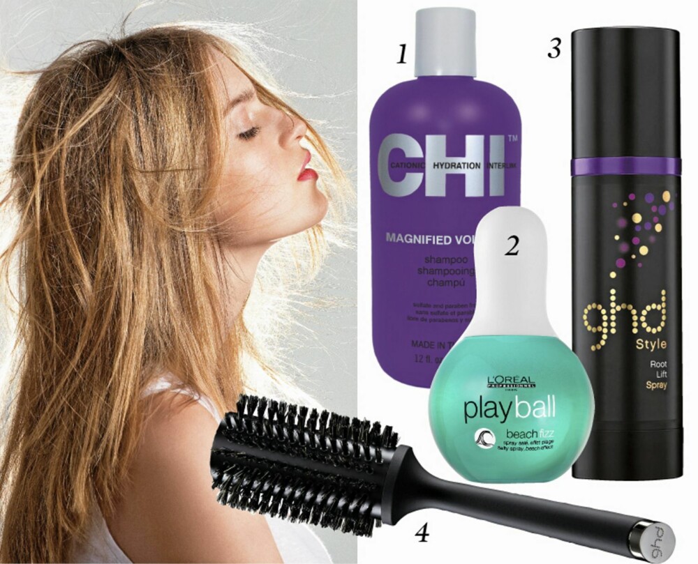 ANBEFALTE PRODUKTER: 1. Chi Magnified volume shampoo, kr 249. 2. GHD Root lift spray, kr 209. 3. L'Oreal Professionnel play ball beach fuzz, kr 235. 4. GHD Natural bristle brush, kr 299. Foto: Bulls/produsentene