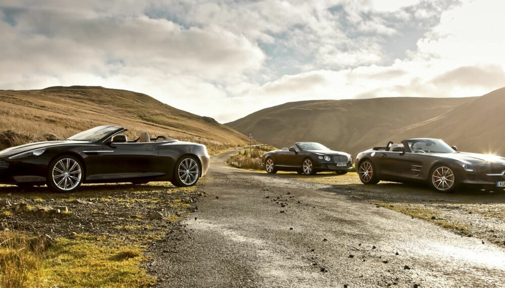 SUPERDUELL: Mercedes-Benz SLS AMG Roadster mot Bentley Continental GTC og Aston Martin Virage Volante.