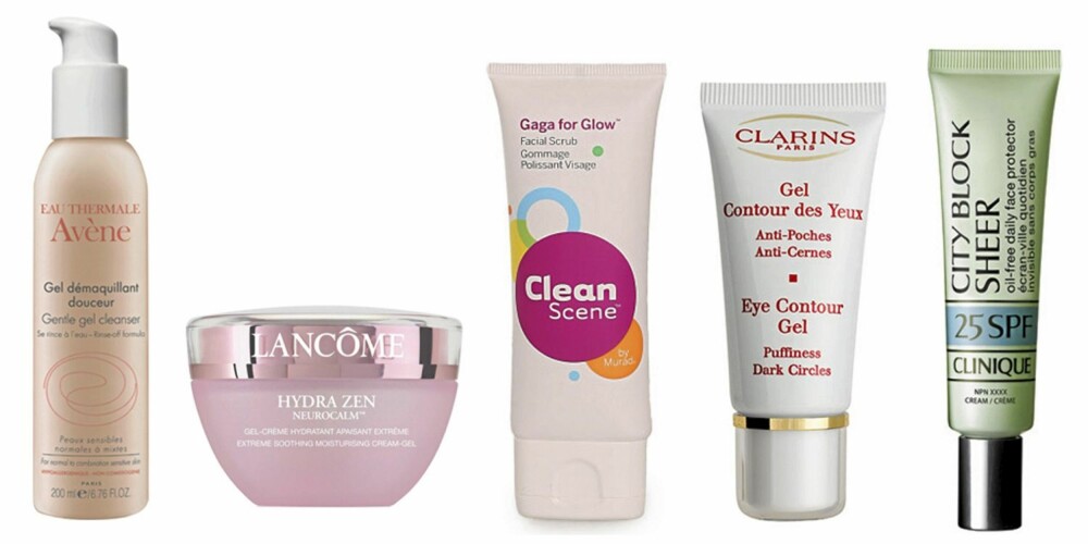 FRA VENSTRE: Avène Gentle Gel cleanser (kr 199), Lancôme Hydra Zen gel cream (kr 495), Murad Clean Scene facial scrub (kr 229), Clarins Eye Countour gel (kr 345) og Clinique City Block Sheer SPF 25 (kr 190). Foto: produsentene FRA VENSTRE: Avène Gentle Gel cleanser (kr 199), Lancôme Hydra Zen gel cream (kr 495), Murad Clean Scene facial scrub (kr 229), Clarins Eye Countour gel (kr 345) og Clinique City Block Sheer SPF 25 (kr 190). Foto: produsentene