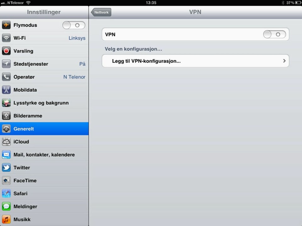 LEGG TIL VPN-KONTO: Du finner VPN-innstillingene under Innstillinger -> Generelt -> Nettverk. Du vil også kunne finne en snarvei øverst til venstre under innstillingsmenyen.