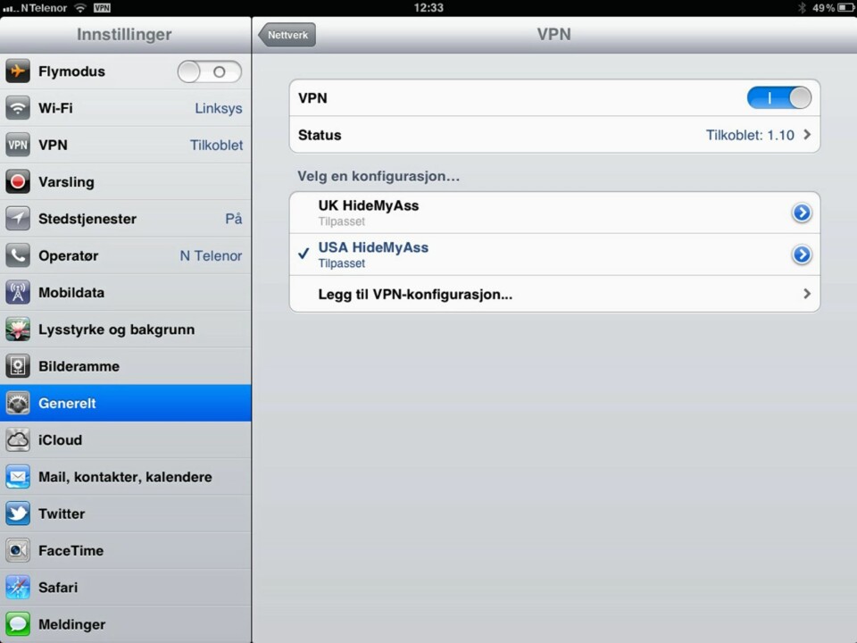 TEST: Slå på VPN-bryteren øverst til høyre og se om din VPN-tilkobling fungerer.