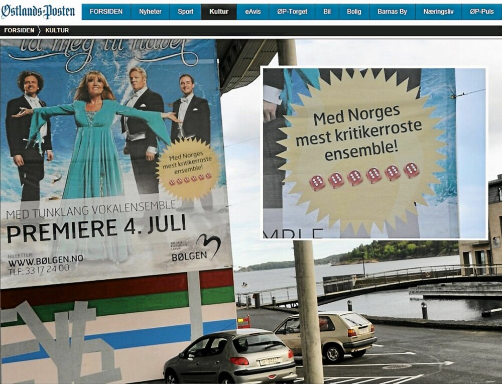 STRIDENS EPLE: Markedsføringen av Hanne Kroghs sommershow med flere terningkast 6 har fått massiv kritikk. Her er plakaten avbildet på hjemmesiden til Østlandsposten. Nå har de justert annonsen.