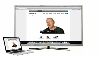 TRÅDLØS VIDEO: Med nye OS X Mountain Lion kan man klone skjermen trådløst ut på TV-en gjennom en Apple-TV. Man kan dermed surfe eller spille YouTube-klipp rett fra sofaen og ut på flatskjermen i stua, helt trådløst.