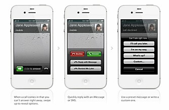 ETTERLENGTET FUNKSJONALITET: I nye iOS 6 kan man med ett tastetrykk sende en melding til en innringer. Man kan også enkelt be telefonen minne deg på å ringe tilbake ved et klokkeslett, eller når GPS-en merker at du kommer hjem.