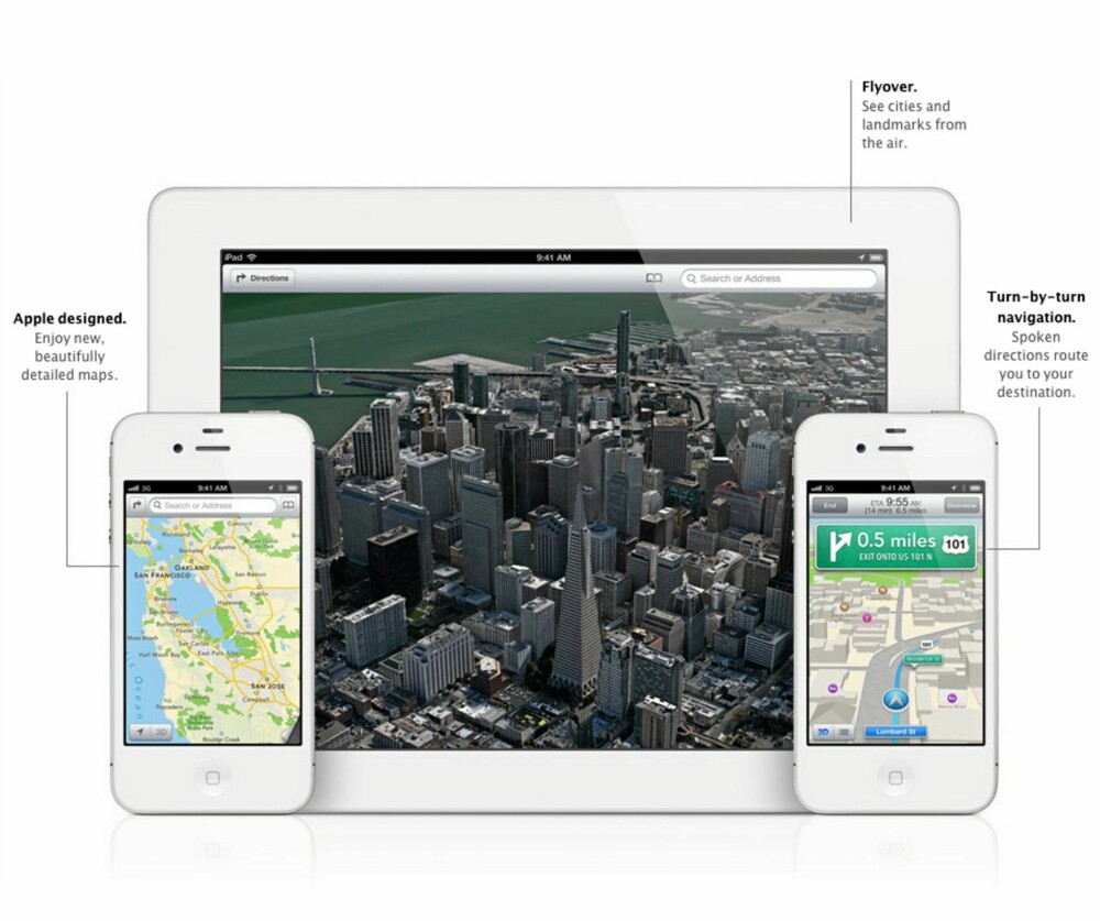 NYE KART: iOS 6 slippes med nye kart. Disse er i full 3D og inneholder funksjonalitet for å bruke den som en fullverdig GPS med rutehenvisninger.
