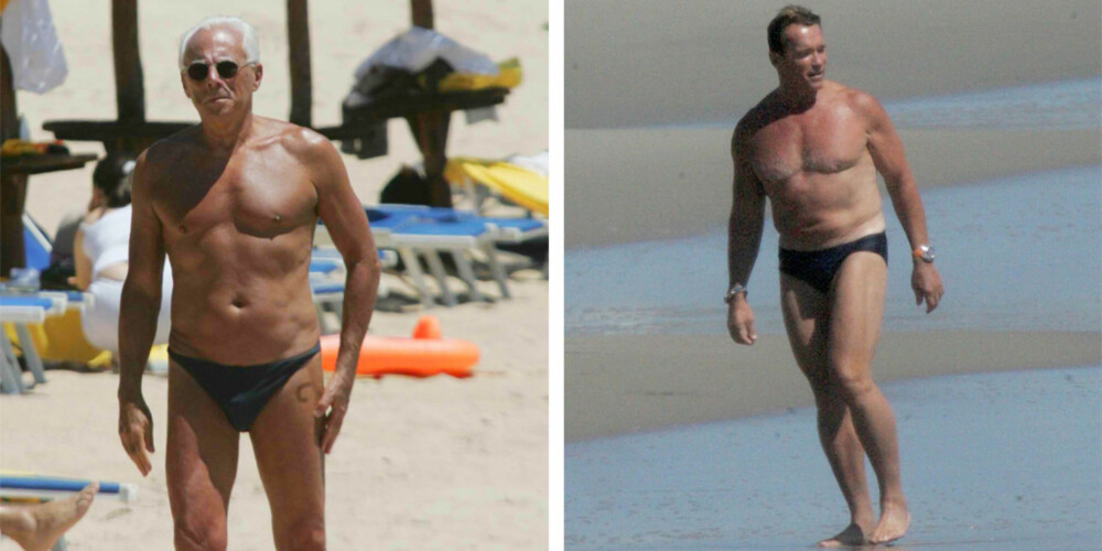 GAMMEL ÅRGANG: Både Giorgio Armani og Arnold Schwarzenegger synes det er helt OK å gå på stranda i minimale badetruser.