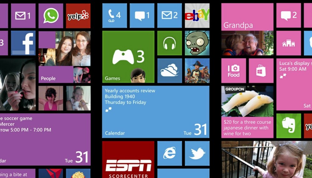 NYTT UTSEENDE: Windows Phone 8 har fortsatt de såkalte Live Tiles, men nå kan du endre størrelse på dem selv.