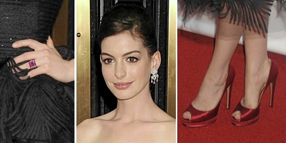 GJENNOMFØRT: Anne Hathaway har tenkt helhet i antrekket. Skoene og smykkene matcher, og Annes makeup er perfekt.